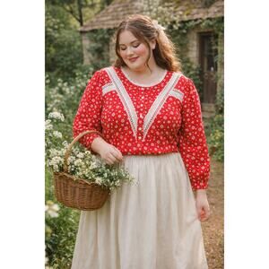 0810 NWOT Boutique 2XL Red w Lace Blouse Cottage Core